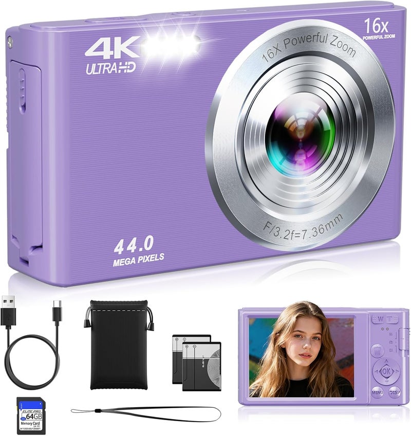 ceye Digital Camera, 2026 Upgraded FHD 4K Camera Digital with 16X Zoom, Small Portable Camera with 64GB Memory Card 2 Batteries, Compact Travel Digital Camera for Beginners Students Boys Girls - Image 1